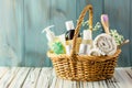 wicker basket with spa items like lotions and soaps as gifts