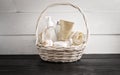 Wicker basket with spa treatments on table Royalty Free Stock Photo