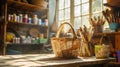 Wicker basket on a table with art supplies in the background, concept of crafts and creativity. Making an Easter basket