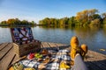 Wicker basket with tasty food and drink for romantic picnic near river Royalty Free Stock Photo