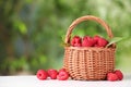 Wicker basket with tasty ripe raspberries and leaves on white table against blurred green background, space for text Royalty Free Stock Photo