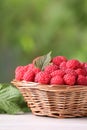 Wicker basket with tasty ripe raspberries and leaves on white wooden table against blurred green background, closeup. Space for Royalty Free Stock Photo