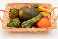 Wicker basket with various pumpkins and chestnuts. Autumn harvest Royalty Free Stock Photo