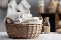 Wicker basket with washed dry linen close-up. Washday Royalty Free Stock Photo