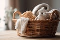 Wicker basket with washed dry linen close-up. Washday Royalty Free Stock Photo