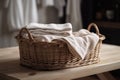 Wicker basket with washed dry linen close-up. Washday Royalty Free Stock Photo