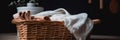 Wicker basket with washed dry linen close-up. Washday Royalty Free Stock Photo