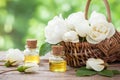 Wicker basket with white roses bunch and oil bottles Royalty Free Stock Photo