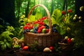 Wicker basket with with wild strawberries and grapes outdoors, forest background Royalty Free Stock Photo