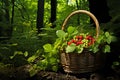 Wicker basket with with wild strawberries and grapes outdoors, forest background Royalty Free Stock Photo