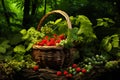 Wicker basket with with wild strawberries and grapes outdoors, forest background Royalty Free Stock Photo