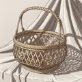 A wicker basket with a woven texture sits on a draped fabric background Royalty Free Stock Photo