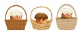 Wicker baskets with Easter cakes, set. Colorful easter illustration, greeting card