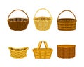 Wicker baskets set. Traditional willow basket for picnic, Easter cartoon vector illustration Royalty Free Stock Photo