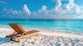 Wicker beach chair on a tropical beach on a sunny day. Generative AI.
