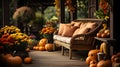 Wicker chair with cushions on the porch decorated with pumpkins.