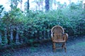 Wicker chair on green grass in  garden courtyard. resting place in  summer park Royalty Free Stock Photo