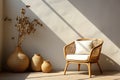 Wicker chair and large clay vase on the background of the wall