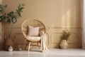 a wicker chair with a pillow and a blanket on it in a room with a potted plant and a potted plant on the floor