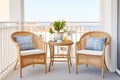 wicker chairs and table set on the balcony of a mediterraneanstyle house Royalty Free Stock Photo
