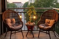Wicker chairs and table. Terrace furniture. Generative AI Royalty Free Stock Photo