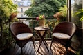 Wicker chairs and table. Terrace furniture. Generative AI Royalty Free Stock Photo