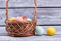 Wicker Easter basket with eggs.