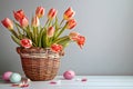 Wicker Easter Basket with eggs and tulips standing against grey background.