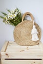 Wicker Handbag with Flowers Chamomile, Wooden Box, Summer Concep