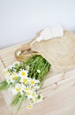 Wicker Handbag with Flowers Chamomile, Wooden Box, Summer Concep