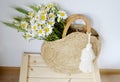 Wicker Handbag with Flowers Chamomile, Wooden Box, Summer Concep