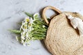 Wicker Handbag with Flowers Chamomile, Wooden Box, Summer Concep
