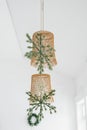 Wicker lamps decorated with Christmas snowflakes