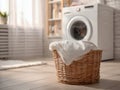 Wicker laundry basket with clean white towels in a bright and cozy laundry room featuring a modern front-loading washing machine Royalty Free Stock Photo