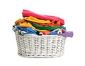 Wicker laundry basket with clothes isolated on white Royalty Free Stock Photo