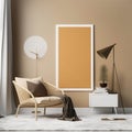 Wicker lounge chair near beige wall. Interior design of modern living room with empty blank mock up poster frame. Created with Royalty Free Stock Photo
