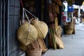 Wicker market Rattan basket.Rattan or bamboo handicraft hand made from natural straw basket. Royalty Free Stock Photo