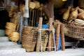 Wicker market Rattan basket.Rattan or bamboo handicraft hand made from natural straw basket. Royalty Free Stock Photo