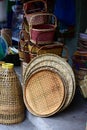 Wicker market Rattan basket.Rattan or bamboo handicraft hand made from natural straw basket. Royalty Free Stock Photo