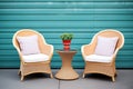 wicker patio chairs with a glass-top side table