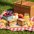 A wicker picnic basket is in the background, and everything is Royalty Free Stock Photo