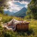 Wicker picnic basket with blanket on the grass in the mountains Royalty Free Stock Photo