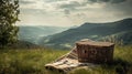 Wicker picnic basket with blanket on the grass in the mountains Royalty Free Stock Photo