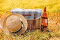 Wicker picnic basket, bottle of rose wine and straw hat on the meadow full of flowers Royalty Free Stock Photo