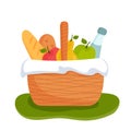 Wicker picnic basket full of healthy food on grass. Bottle of water, apple, pear, baguette. Bright colored vector illustration in Royalty Free Stock Photo