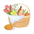 Wicker Picnic Basket or Hamper Full with Foodstuff Vector Illustration