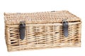 Wicker picnic basket with leather brass buckled straps.