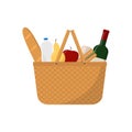 Wicker picnic basket with wine, sandwich, apple, pear, french bread and water bottle. Flat vector illustration isolated Royalty Free Stock Photo