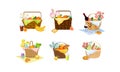 Wicker Picnic Baskets and Hampers Full with Foodstuff Vector Set Royalty Free Stock Photo