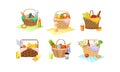 Wicker Picnic Baskets and Hampers Full with Foodstuff Vector Set Royalty Free Stock Photo